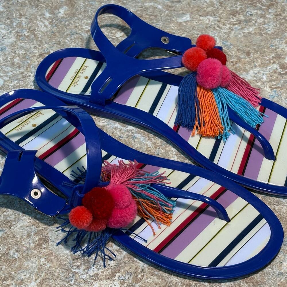 Kate Spade Yellowstone Jelly Pom Pom Tassel Colorful Bright Fun Flats Sandals 10 - Picture 7 of 12